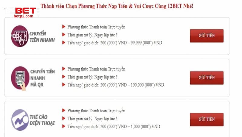 Các phương thức nạp tiền 12BET dành cho tân thủ